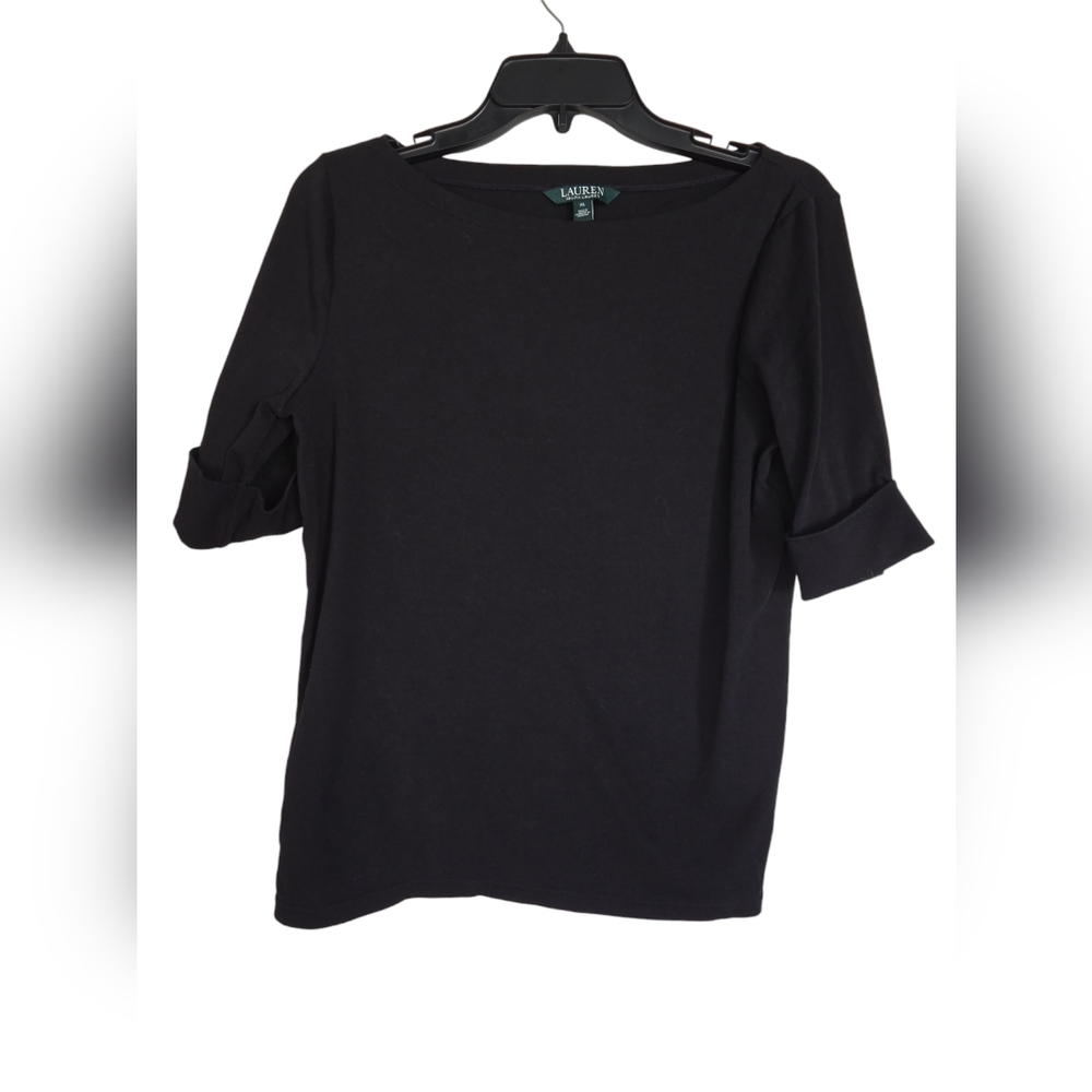 Lauren Ralph Lauren Solid Black Top with Cuffed Sleeves Size XL